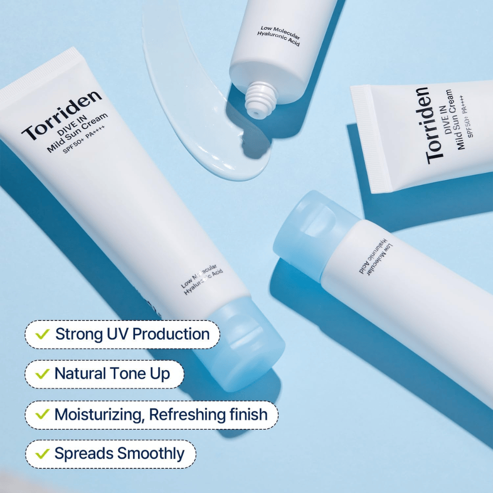 Several tubes of Torriden DIVE-IN Mild Sun Cream are scattered across a blue background with a little product smeared out. Text highlights benefits such as UV protection, hydration, and even application.