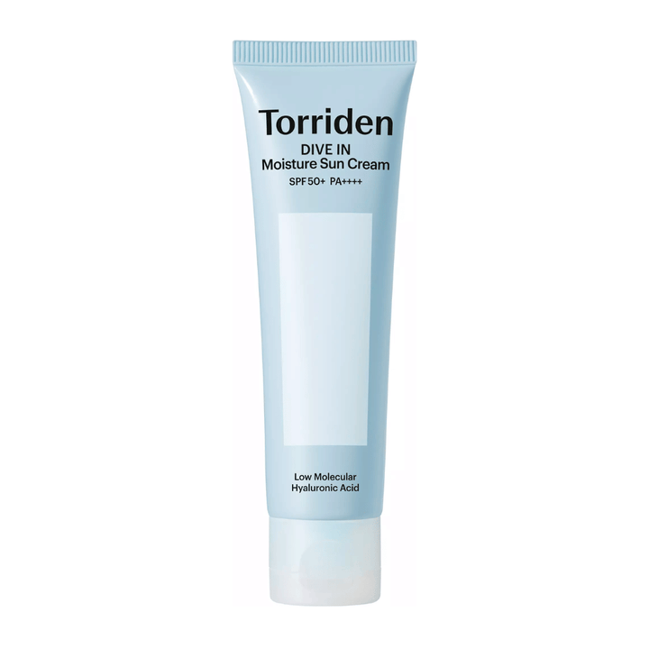 Torriden DIVE-IN Moisture Sun Cream SPF50+ PA++++ product image on a white background with low-molecular hyaluronic acid for intensive hydration and UV protection.