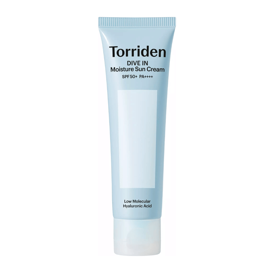 Torriden DIVE-IN Moisture Sun Cream SPF50+ PA++++ product image on a white background with low-molecular hyaluronic acid for intensive hydration and UV protection.