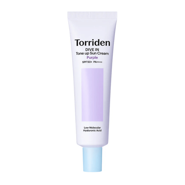 Torriden DIVE IN Tone Up Sun Cream Purple SPF50+ PA++++ in a white and purple tube with low molecular weight hyaluronic acid against a neutral background.