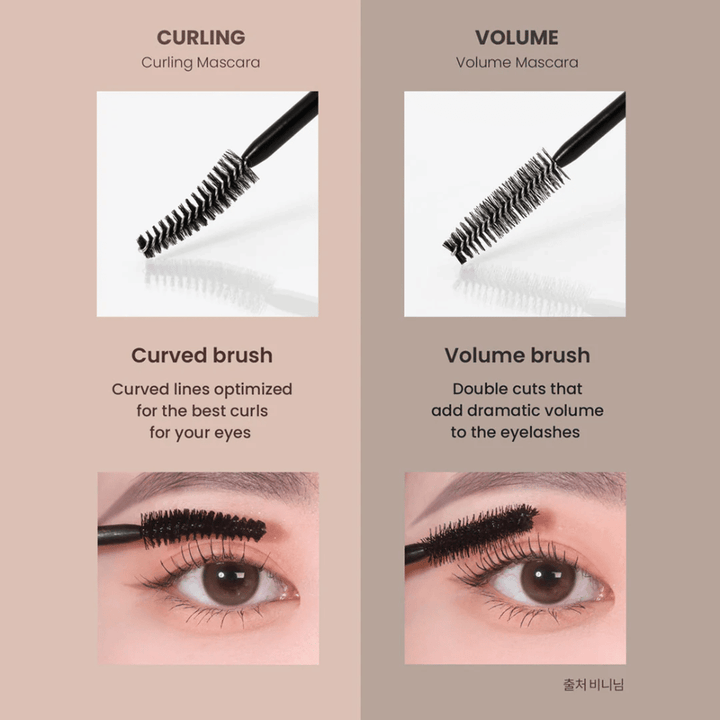 Comparison between Heimish Dailism Smudge Stop Mascara Curling and Volume showing the difference between curled lashes and intense volume.
