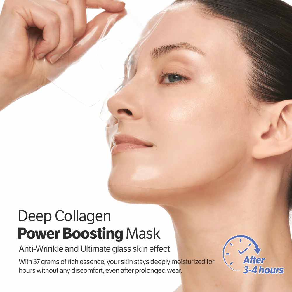 Woman applies Sungboon Editor Deep Collagen Power Boosting Mask, an anti-age Sheet mask that provides hydration and glass-like skin.
