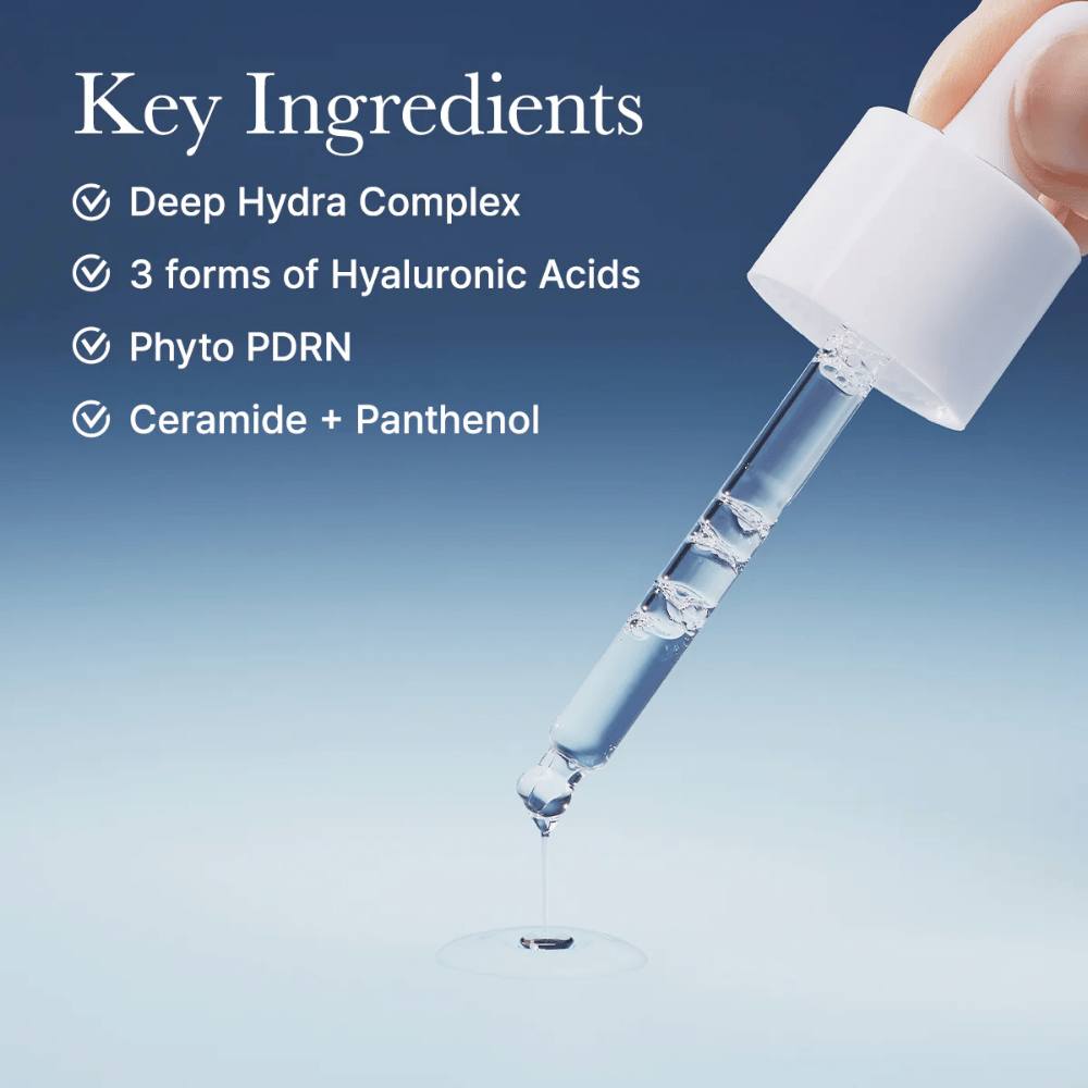 Pipette with serum showing Arencia Deep Water Surge Serum's light consistency and active ingredients like hyaluronic acid, phyto PDRN, ceramides, and panthenol.