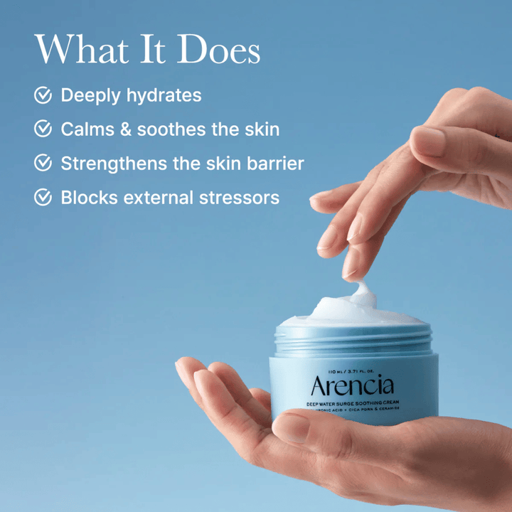 Application of Arencia Deep Water Surge Soothing Cream – light gel cream with hyaluronic acid and ceramides that absorbs quickly without feeling sticky.