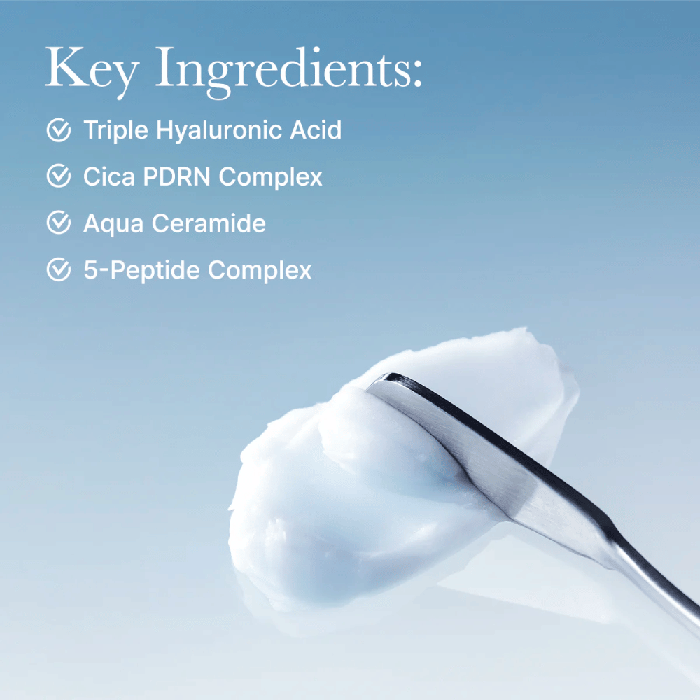 Key ingredients in Arencia Deep Water Surge Soothing Cream with triple hyaluronic acid, Cica PDRN, aqua ceramide, and 5-peptide complex for intense hydration and skin barrier support.