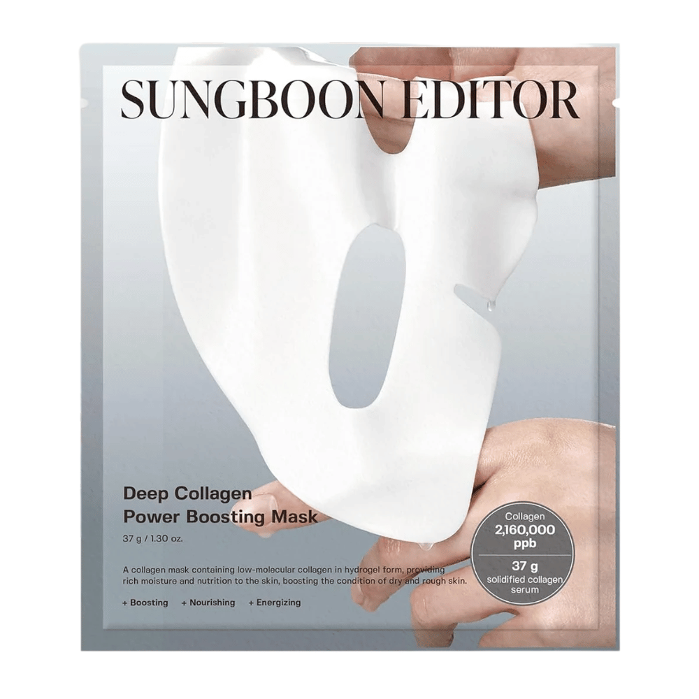 Sungboon Editor Deep Collagen Power Boosting Mask 37 g, a collagen Sheet mask in silver packaging that moisturizes, strengthens, and nourishes the skin.
