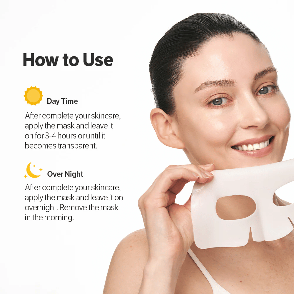 Woman holding Sungboon Editor Deep Collagen Power Boosting Mask with instructions for daytime and nighttime use.