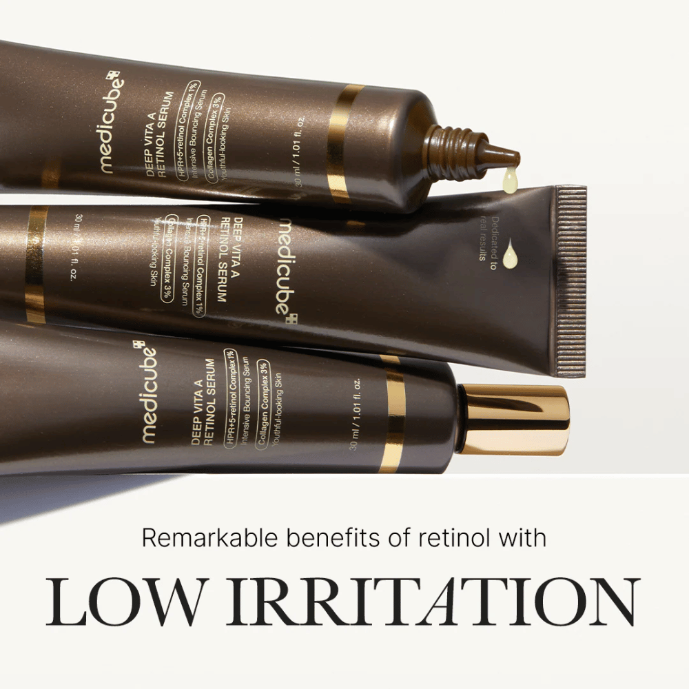 Three tubes of Medicube Deep Vita A Retinol Serum with drops of serum, highlighting the benefits of retinol with low irritation.