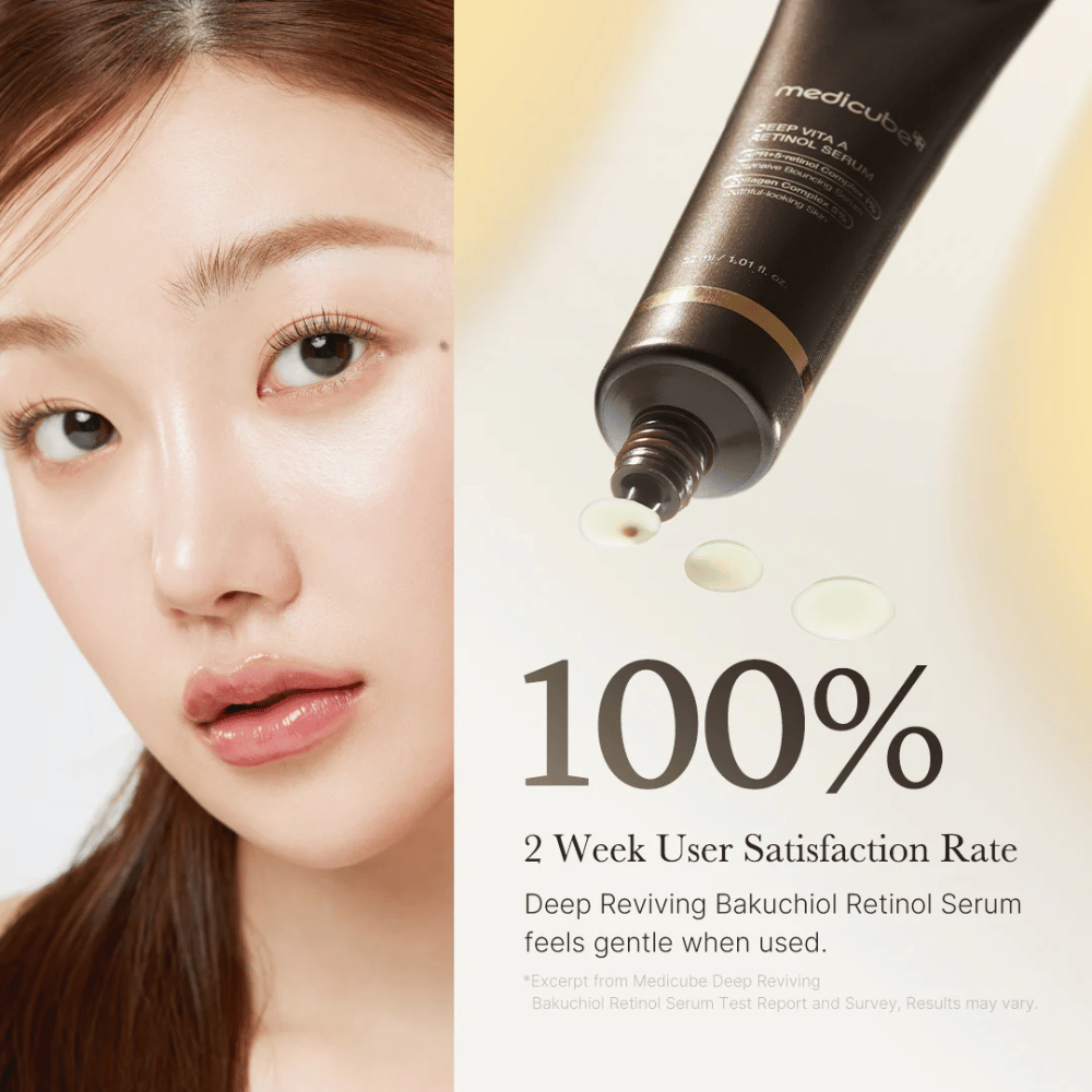 Advertisement image for Medicube Deep Vita A Retinol Serum with a close-up of a woman, the product tube, and text showing 100% user satisfaction after two weeks.