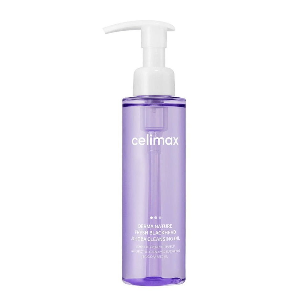 Bottle of Celimax Derma Nature Fresh Blackhead Jojoba Cleansing Oil in transparent purple packaging with white pump, against a white background.