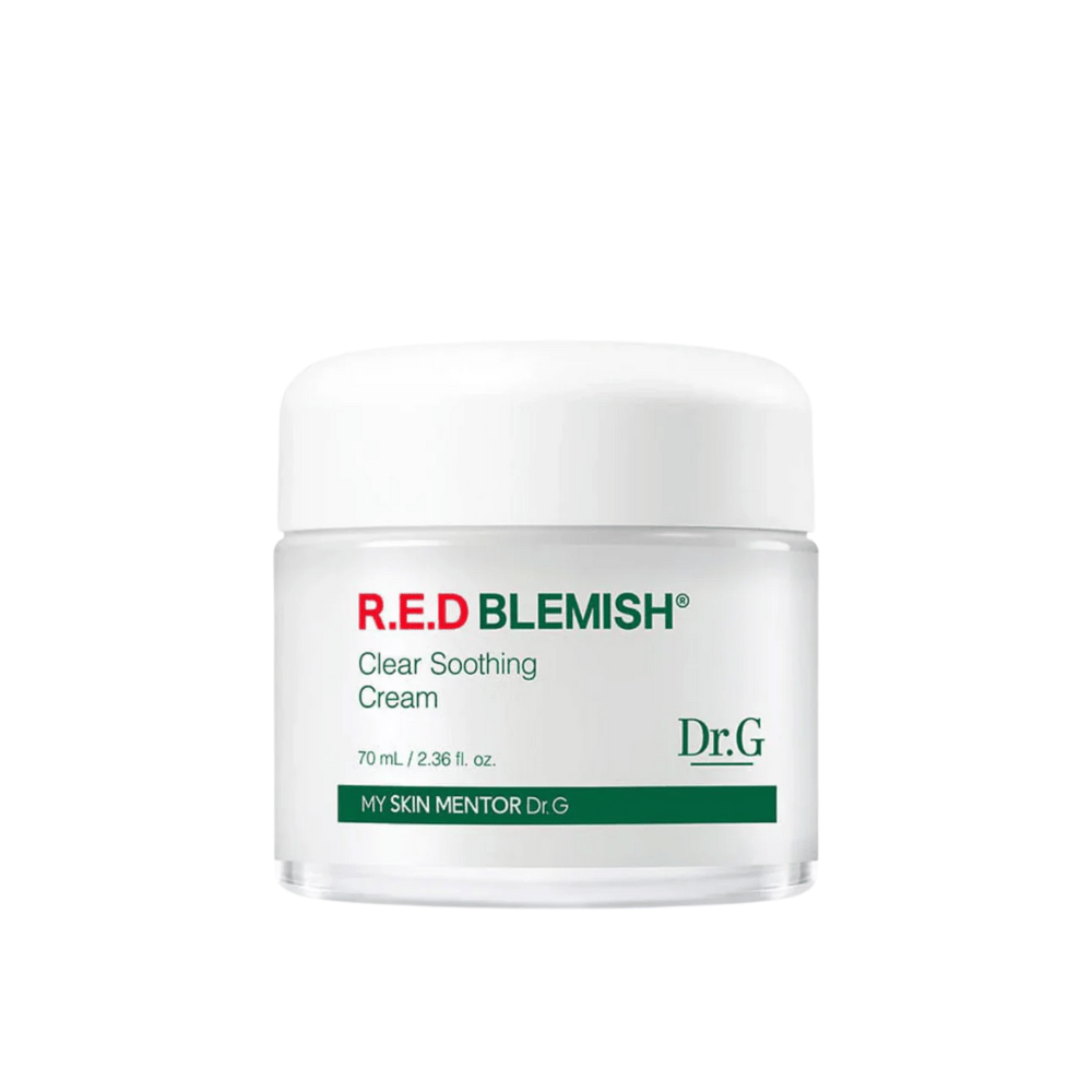 Dr.G R.E.D Blemish Clear Soothing Cream is a mild and moisturizing cream that soothes redness and irritation. The formula contains Centella Asiatica and hyaluronic acid to strengthen the skin's barrier and restore balance. Perfect for sensitive and acne-prone skin.