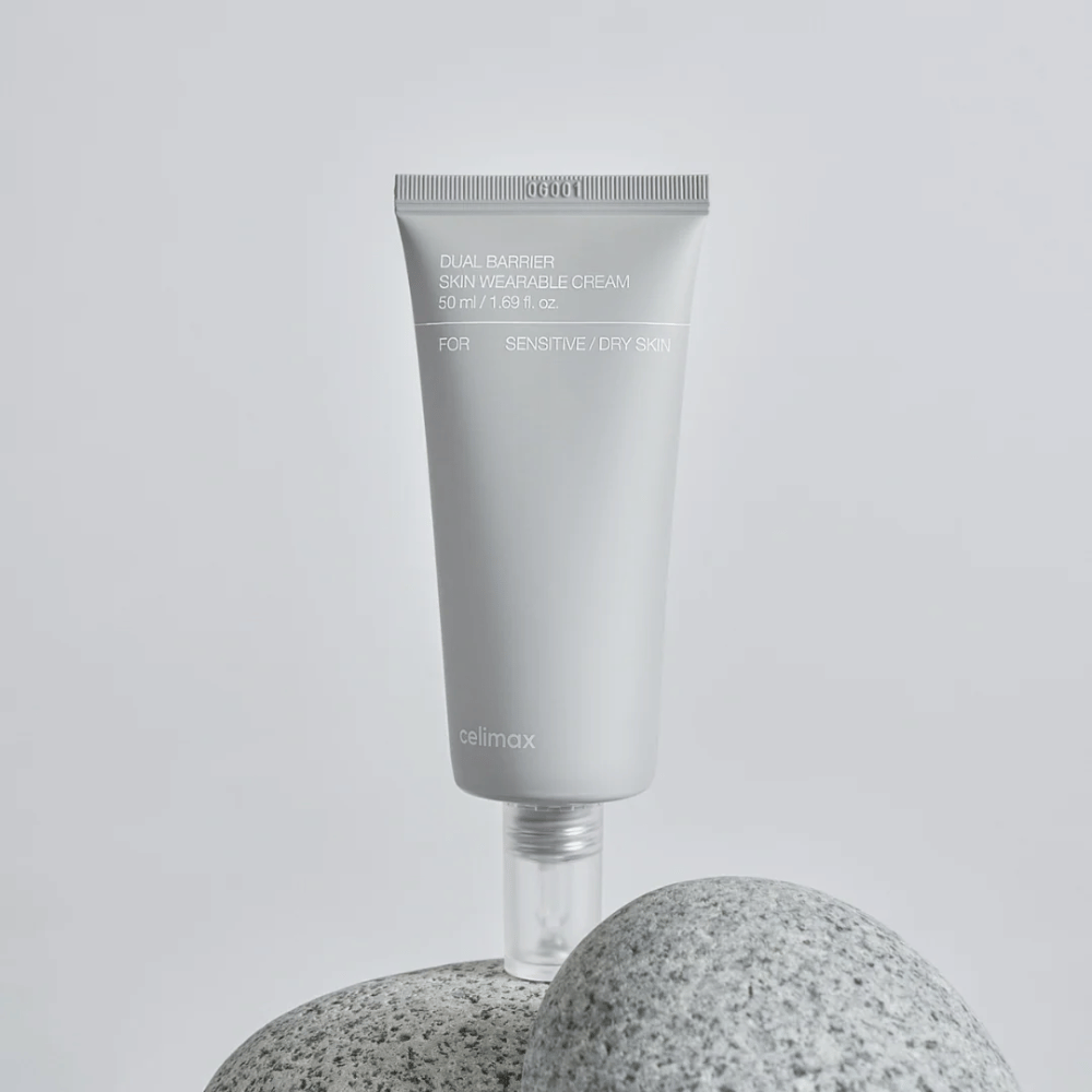 Celimax Dual Barrier Skin Wearable Cream on stone, moisturizing face cream developed for sensitive and dry skin with a focus on skin barrier and comfort.