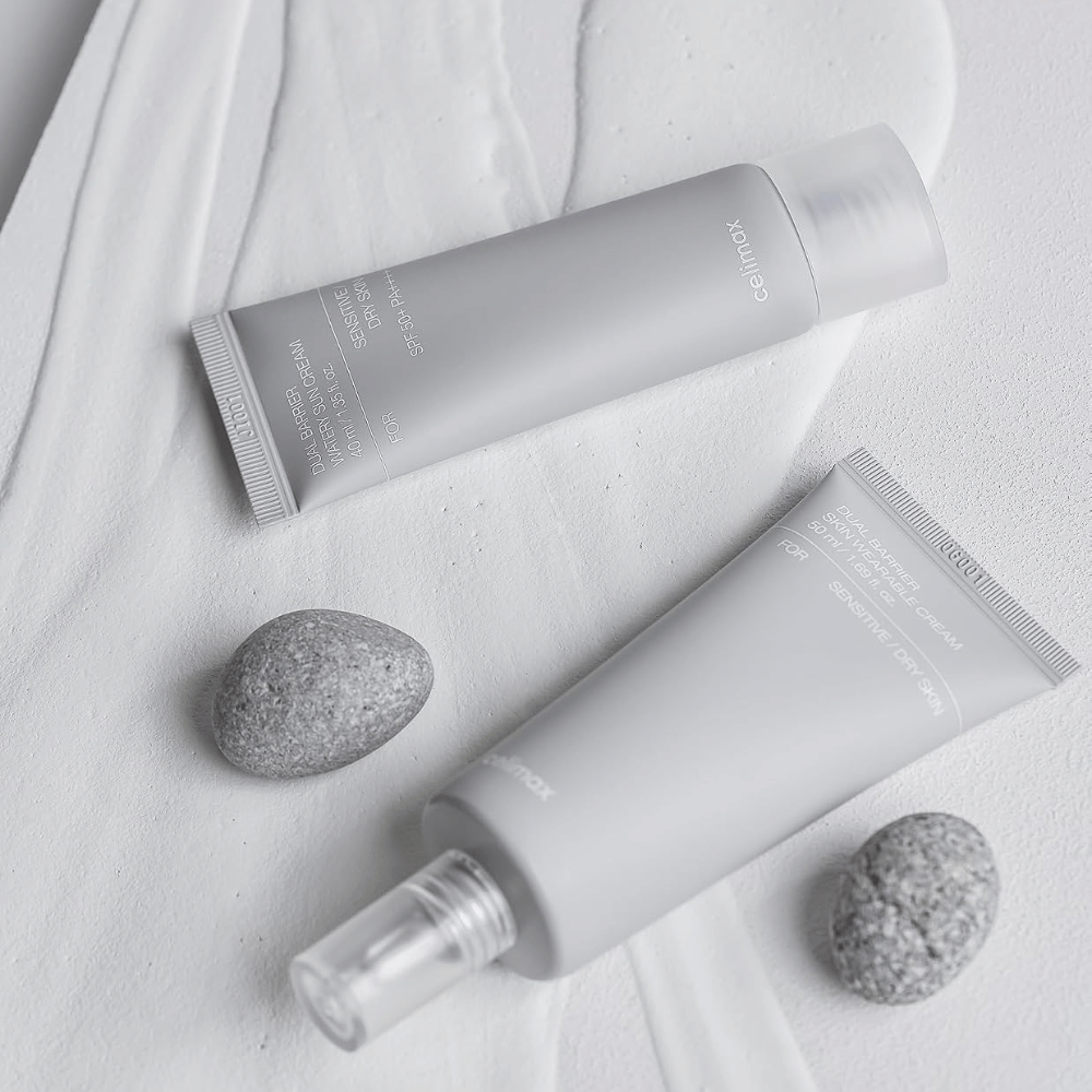 Celimax Dual Barrier Watery Sun Cream SPF50+ PA++++ for dry and sensitive skin with moisturizing sun protection and strengthening barrier care.