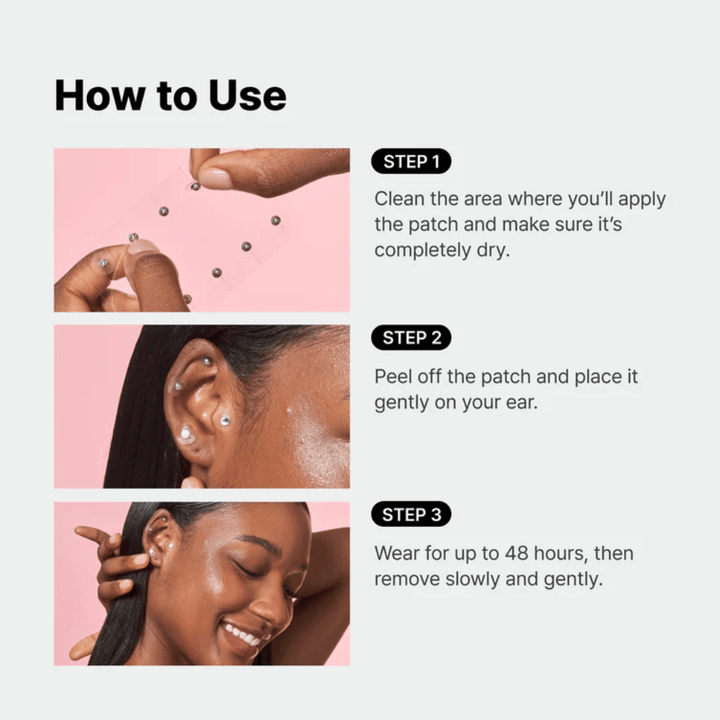 Step-by-step guide showing how RETURNITY Ear Therapy Acupressure Patch is applied to the ear. The patches are placed on selected points and can be worn for up to 48 hours.