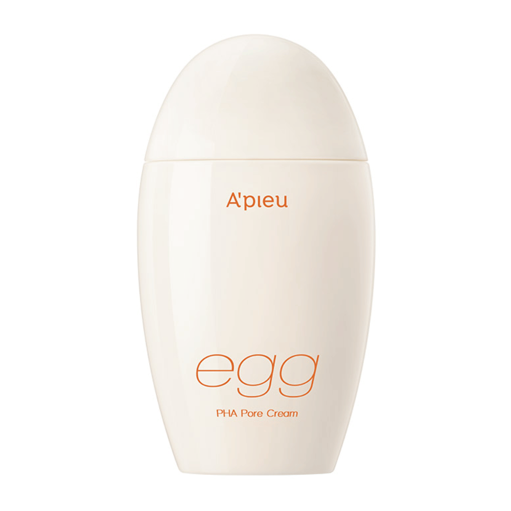 A'pieu Egg PHA Pore Cream in egg-shaped, beige packaging with orange text – a Korean face cream for pore minimizing and gentle exfoliation.