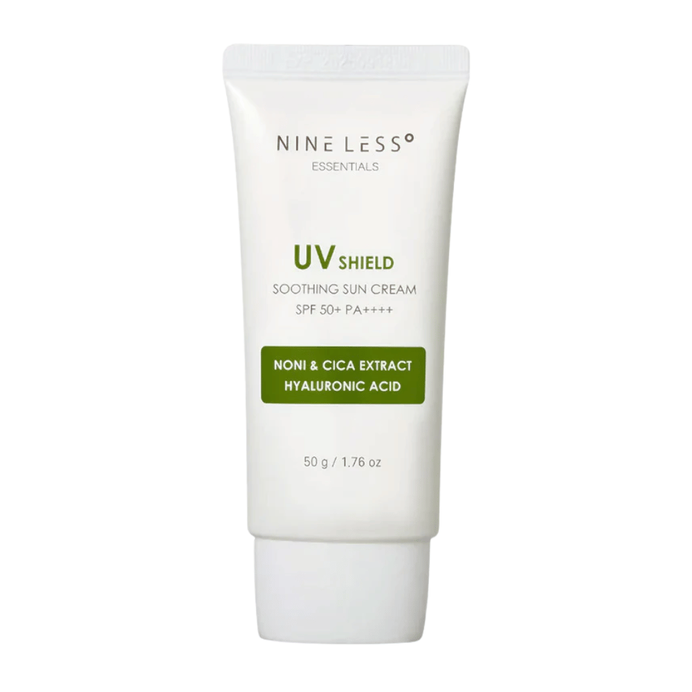 NINE LESS Essentials UV Shield Soothing Sun Cream SPF 50+ PA++++ – moisturizing sunscreen with noni, cica extract, and hyaluronic acid that protects and soothes the skin.