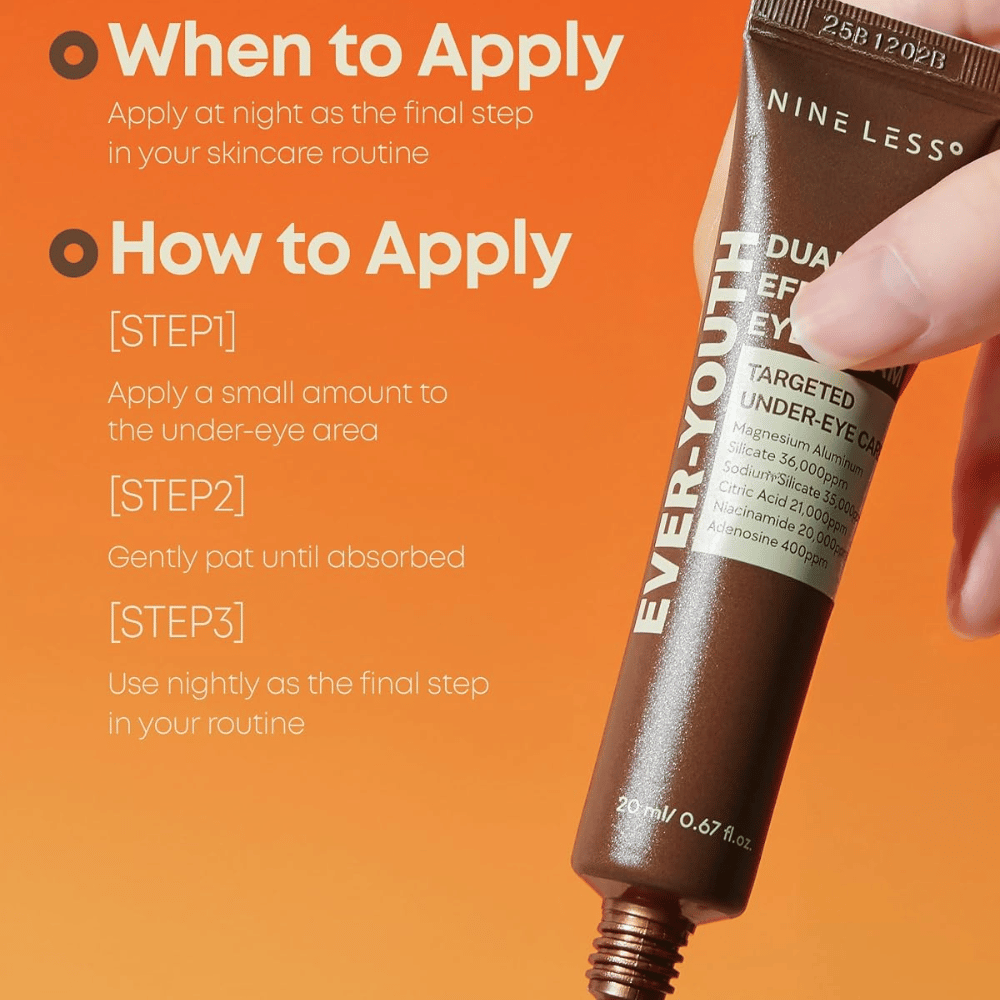 NINE LESS Ever-Youth Dual Effect Eye Cream – application of Eye cream as the last step in the evening routine