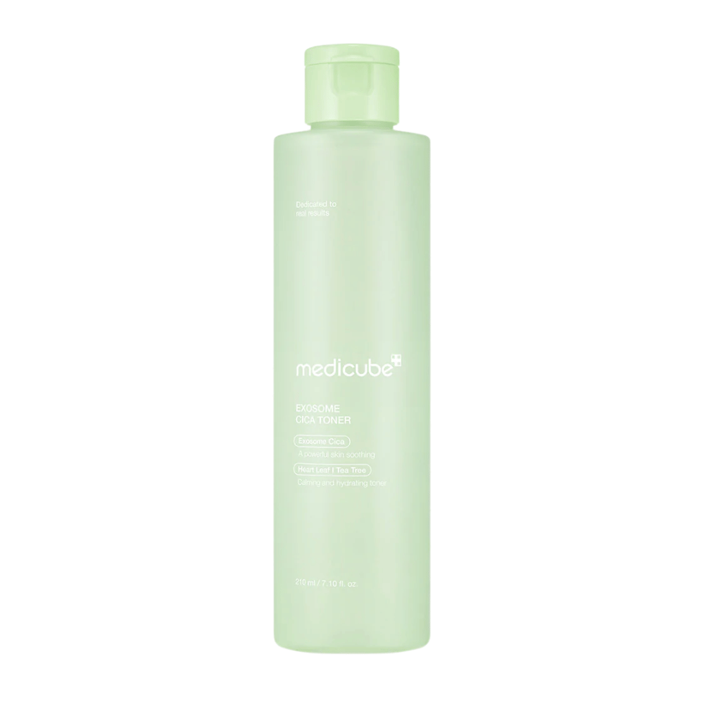 Close-up of Medicube Exosome Cica Toner in a light green bottle, soothing and moisturizing toner for sensitive skin.
