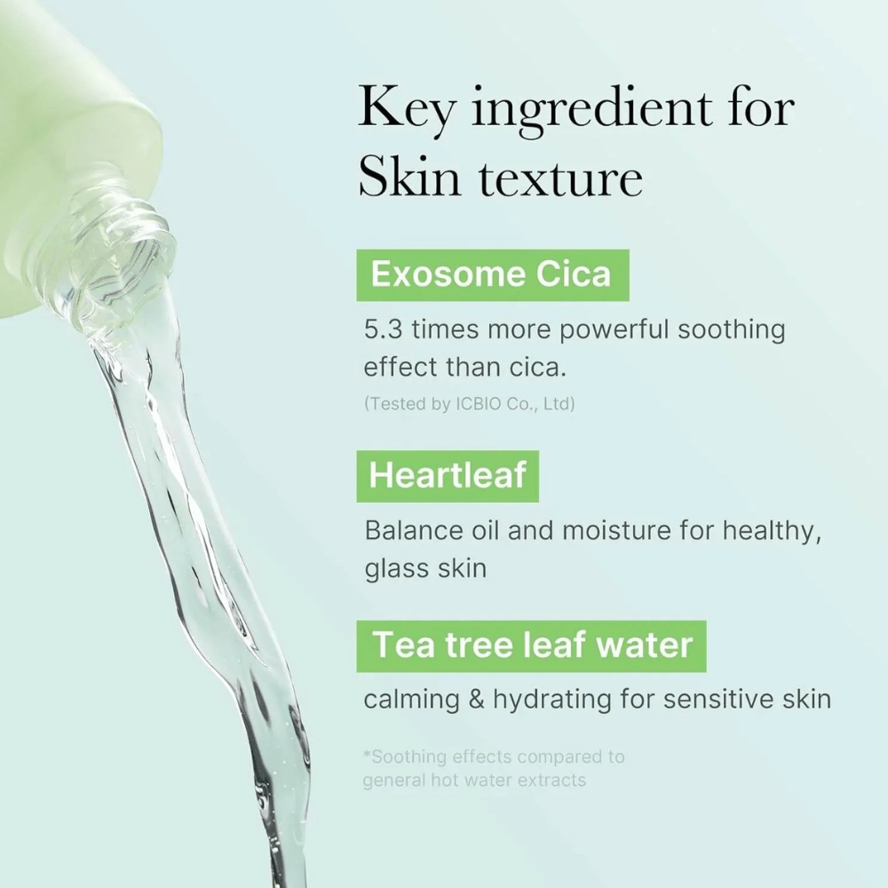 Close-up of a bottle being poured, highlighting ingredients in Medicube Exosome Cica Toner: Exosome Cica, Heartleaf, and Tea Tree Leaf Water for skin balance and soothing effect.