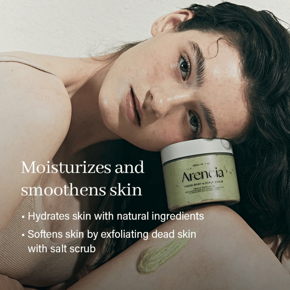 Model resting with Arencia Fresh Cloud Body & Scalp Scrub. Moisturizing body scrub that softens the skin and gently exfoliates for a smoother result.