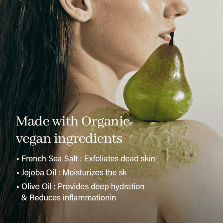 Arencia body scrub applied to skin with natural ingredients. Exfoliating scrub with sea salt and nurturing oils that provide radiance and improve skin texture.