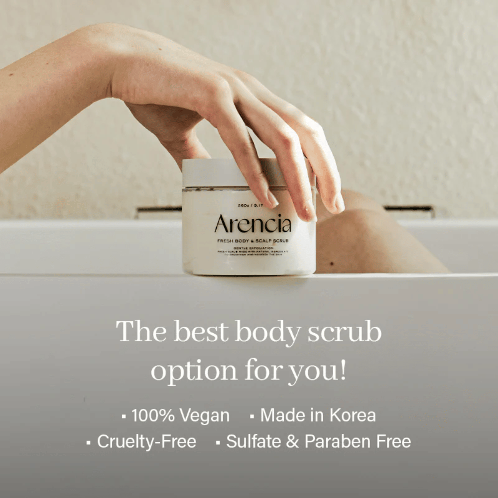 Arencia Fresh Cloud Body & Scalp Scrub by the bathtub. Vegan body scrub that exfoliates dead skin cells, cleanses the skin, and leaves it soft and moisturized.