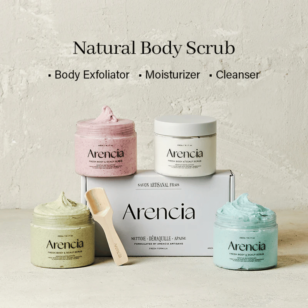 Arencia Fresh Cloud Body & Scalp Scrub in several varieties set up together. Vegan body scrub and scalp scrub that cleanses, exfoliates, and moisturizes.