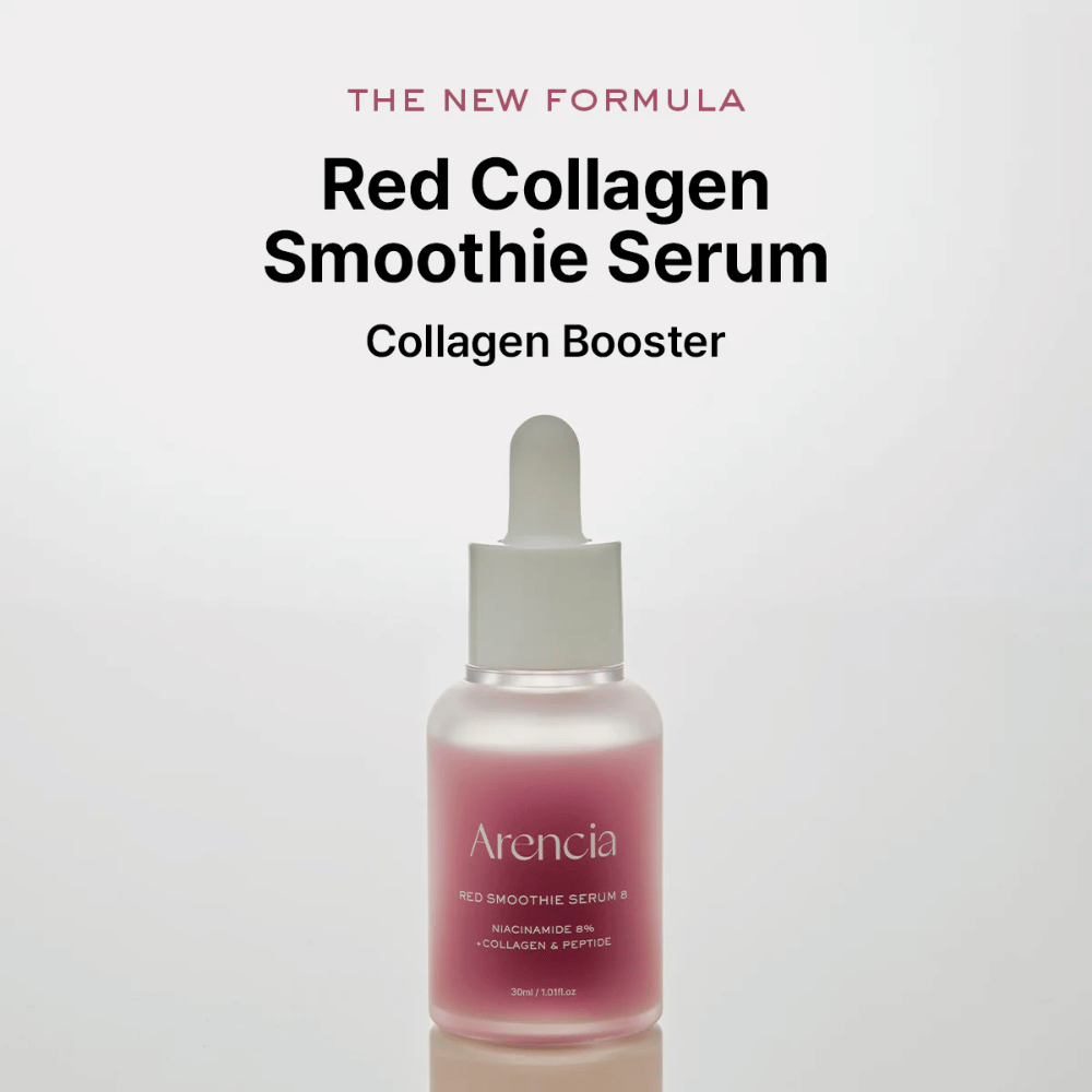 Arencia Red Smoothie Serum 8 is presented as "Red Collagen Smoothie Serum", a powerful collagen booster with 8% niacinamide, collagen, and peptides.