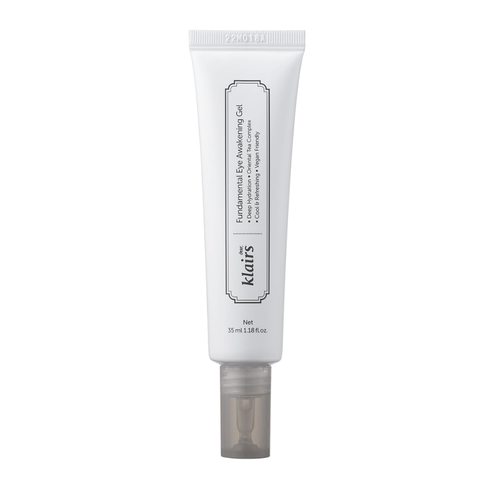 Cut-out product image of Klairs Fundamental Eye Awakening Gel against a white background. The tube is shown from the front to clearly present the product name, size, and the clean, minimalist design that characterizes Klairs products.