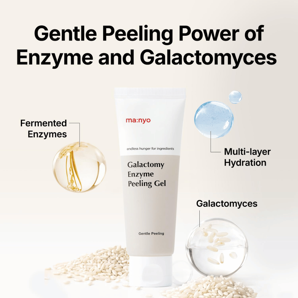ma:nyo Galactomy Enzyme Peeling Gel with fermented enzymes and galactomyces that exfoliate and moisturize the skin.