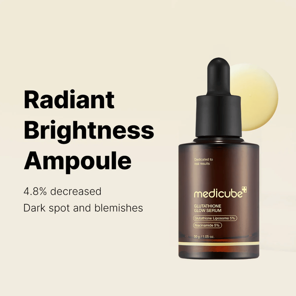 Medicube Radiant Brightness Ampoule – Glutathione Glow Serum with 5% glutathione liposome and 5% niacinamide. Reduces dark spots and uneven skin tone for a radiant glow.