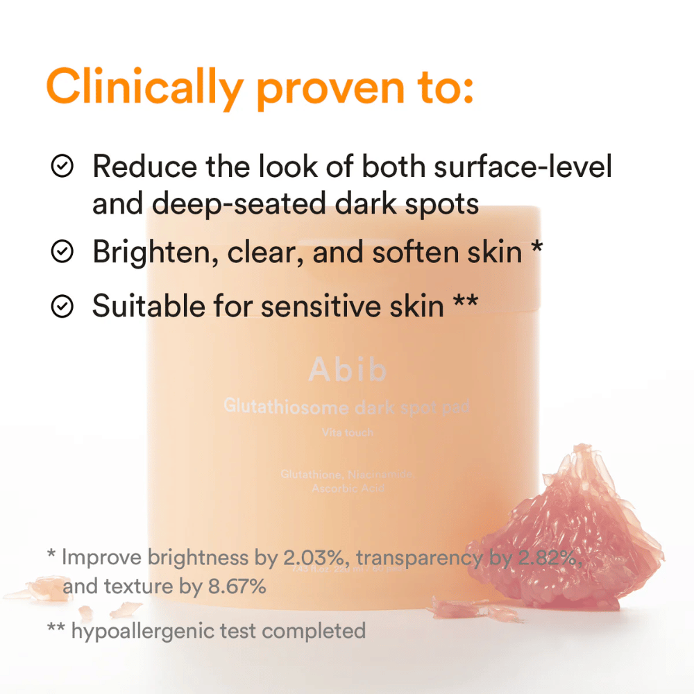 Abib Glutathiosome Dark Spot Pad Vita Touch with clinically tested benefits for radiance and pigmentation.