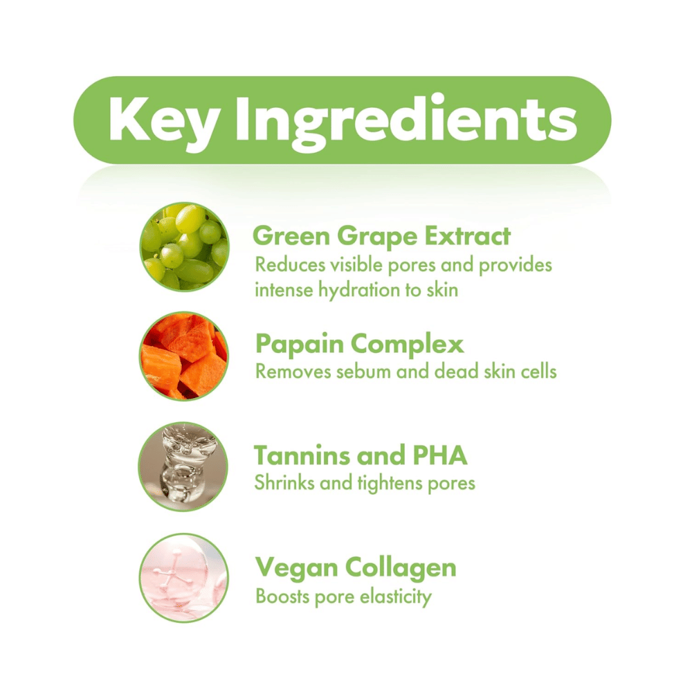 Key ingredients in FRUDIA Green Grape Pore Control Cream with green grape extract, papain, PHA, tannins, and vegan collagen for clearer and smoother skin.