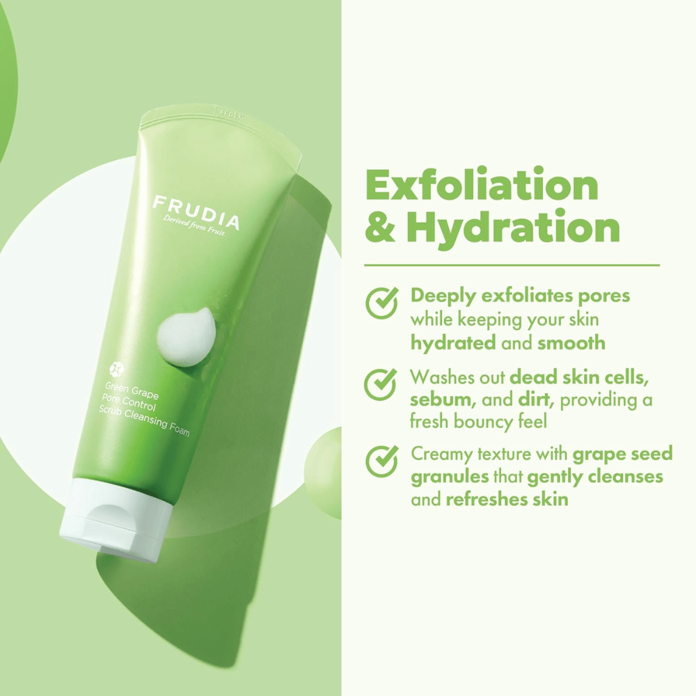 FRUDIA Green Grape Pore Control Scrub Cleansing Foam – exfoliating face wash with grape seed granules that remove dirt, sebum, and dead skin cells without drying out the skin.