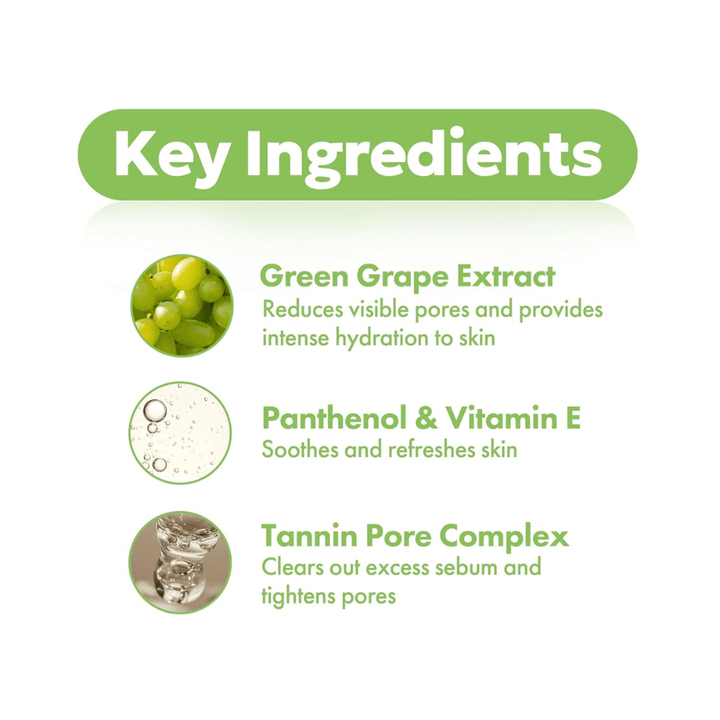 FRUDIA Green Grape Pore Control Scrub Cleansing Foam – key ingredients like green grape extract, panthenol, vitamin E, and tannin pore complex for cleansed and refined pores.