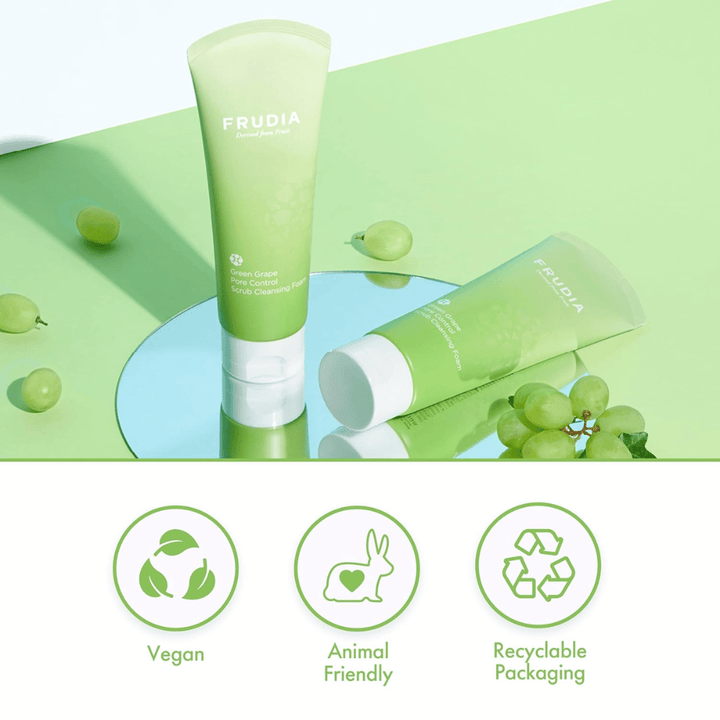 FRUDIA Green Grape Pore Control Scrub Cleansing Foam – vegan and cruelty-free face wash with recyclable packaging, designed for effective pore care.