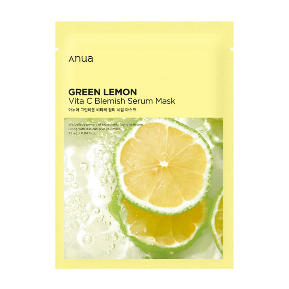 The packaging of Anua Green Lemon Vita C Blemish Serum Mask highlights a clear image of a lemon slice with water droplets, against a light yellow background. The text describes its natural ingredients and skincare properties.