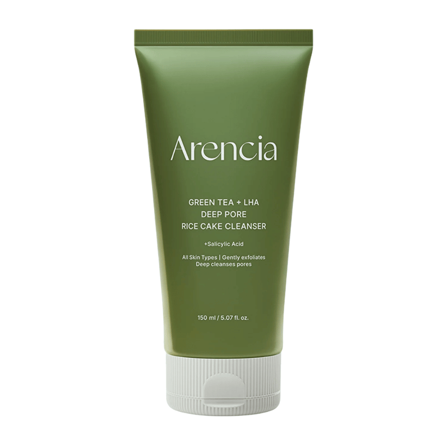 Clean product image of Arencia Green Tea + LHA Deep Pore Rice Cake Cleanser in a green tube design with a focus on minimalist and modern packaging.