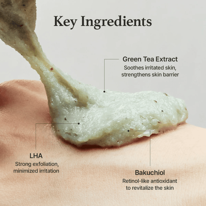 Close-up of the cleanser's texture together with an ingredient explanation for green tea extract, LHA, and bakuchiol, which help gently exfoliate and strengthen the skin barrier.