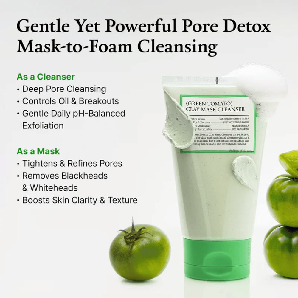 Benefits divided into two parts: as a cleanser and as a mask, with a focus on pore cleansing, exfoliation, and clearer skin.