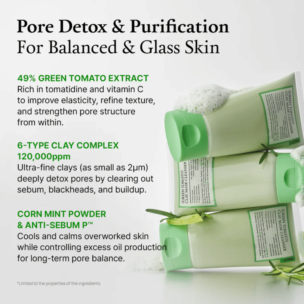 Informational image about “Pore Detox & Purification” with ingredients such as green tomato extract, clay, and mint – together with product images.