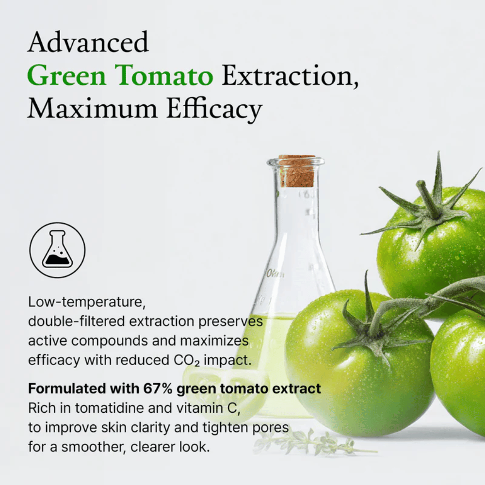 Image with green tomatoes and a laboratory bottle highlighting the ingredient “green tomato extract” and its effect on the skin.