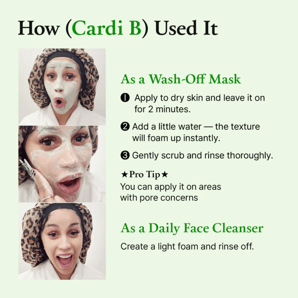 Instructional image showing how the product is used, with a person applying a face mask. Step-by-step for both the mask and daily cleansing.