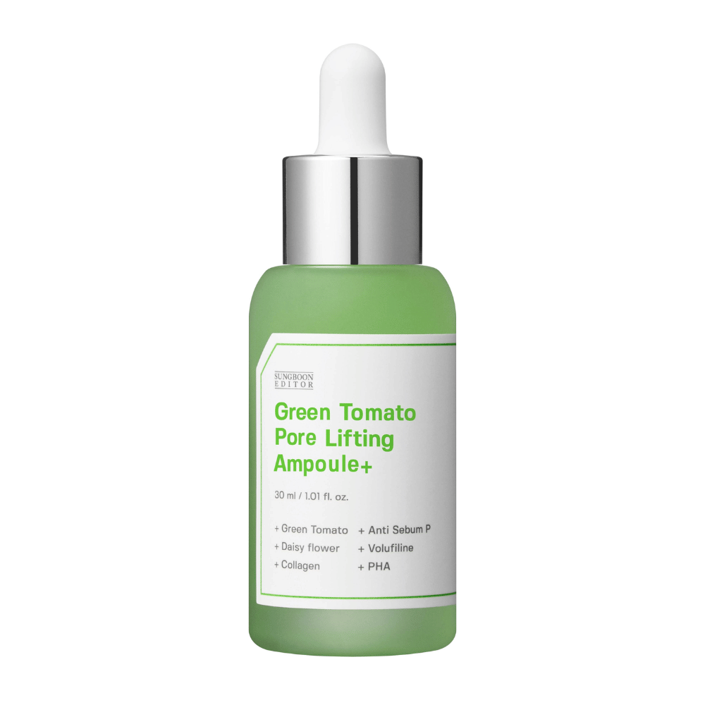 Freestanding product image of Green Tomato Pore Lifting Ampoule+ in a green glass bottle with a dropper.
