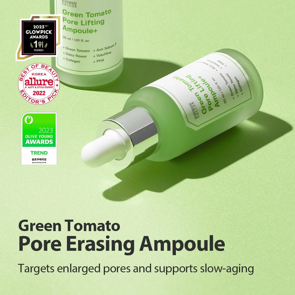 Green Tomato Pore Lifting Ampoule+ product image with awards from Glowpick, Allure, and Olive Young Awards 2023.