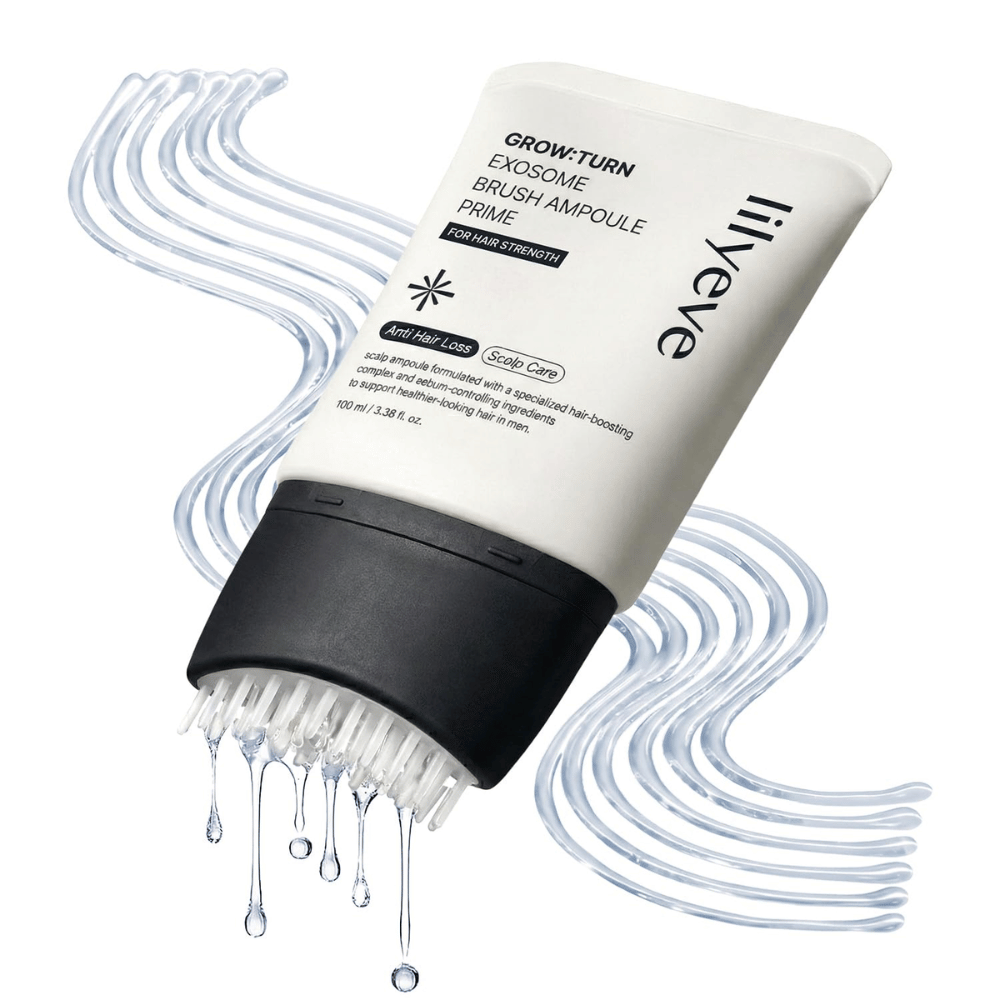 Close-up of LILYEVE Grow:Turn Exosome Brush Ampoule Prime with decorative serum drops and the unique brush applicator. The image emphasizes easy application directly to the scalp and targeted care of the hair roots.