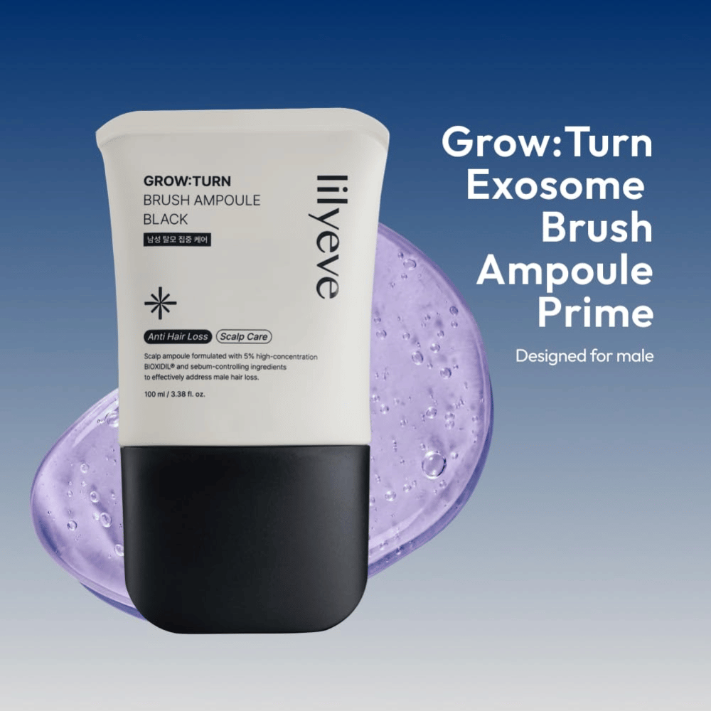 Close-up of LILYEVE Grow:Turn Exosome Brush Ampoule Prime with decorative serum drops and the unique brush applicator. The image emphasizes easy application directly to the scalp and targeted care of the hair roots.