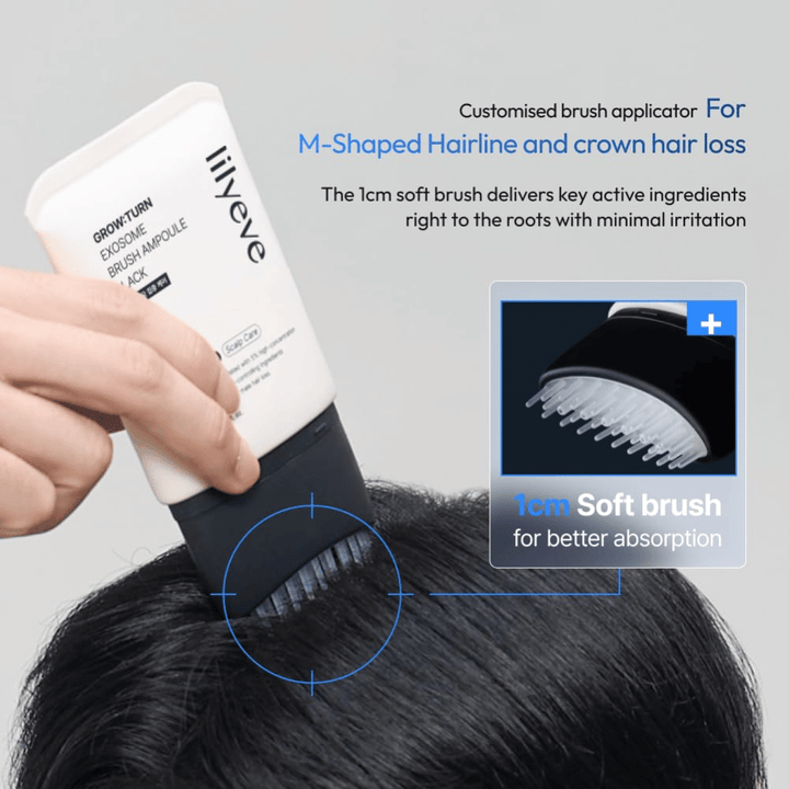 Person applying LILYEVE Grow:Turn Exosome Brush Ampoule Prime directly to the scalp with the integrated soft brush applicator. The image shows how the formula reaches the hair roots for targeted care for hair loss and thinning hair.