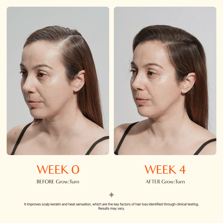 Before-and-after image of a woman (week 0 vs week 4) showing improved hair quality and a fuller feel after use.