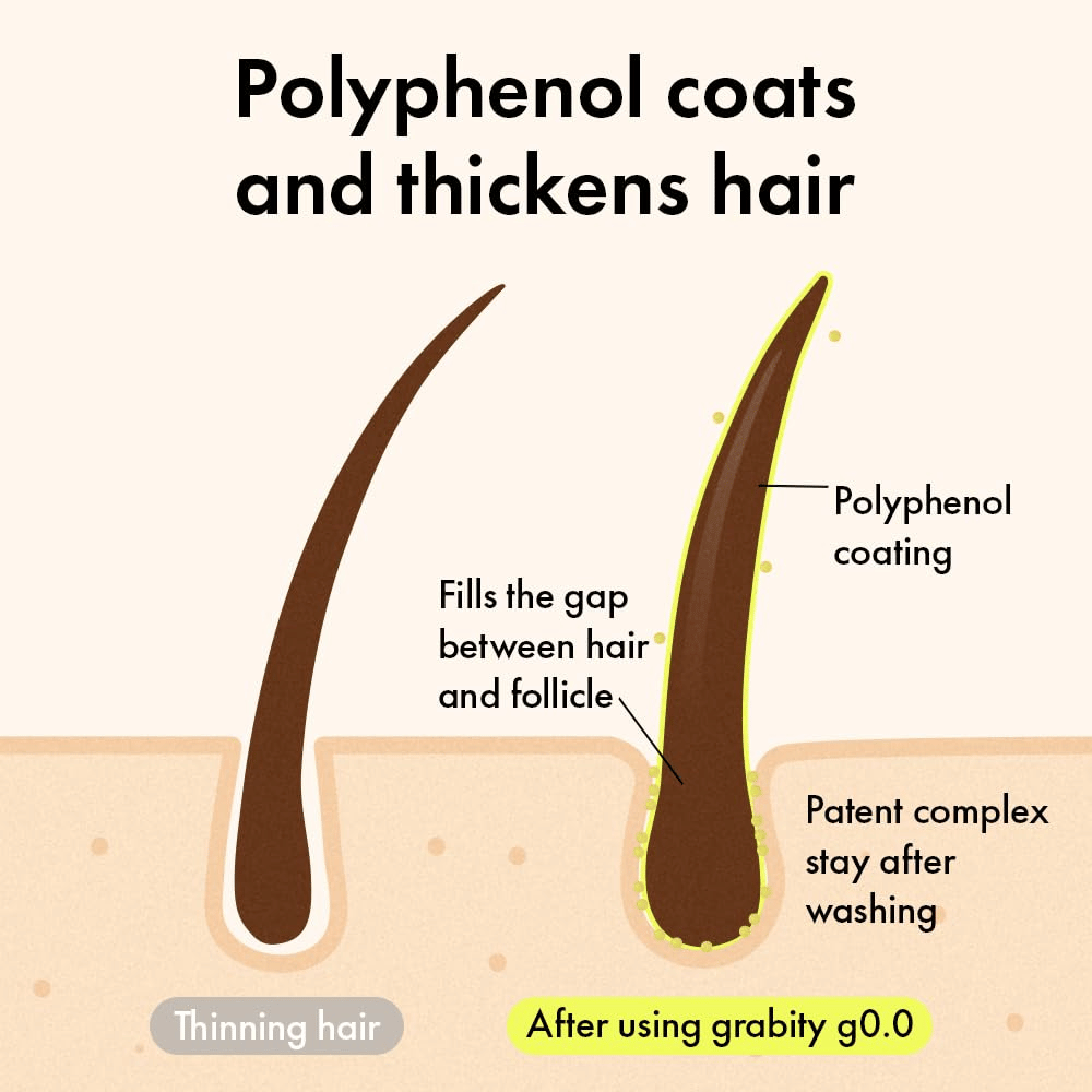 Diagram showing how polyphenols envelop the hair strand to create a thicker, fuller appearance with a long-lasting volumizing effect.